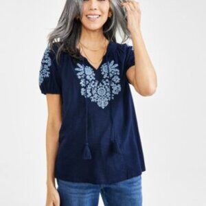 Style & Co. Dark Blue Blouse with Light Blue Embroidery